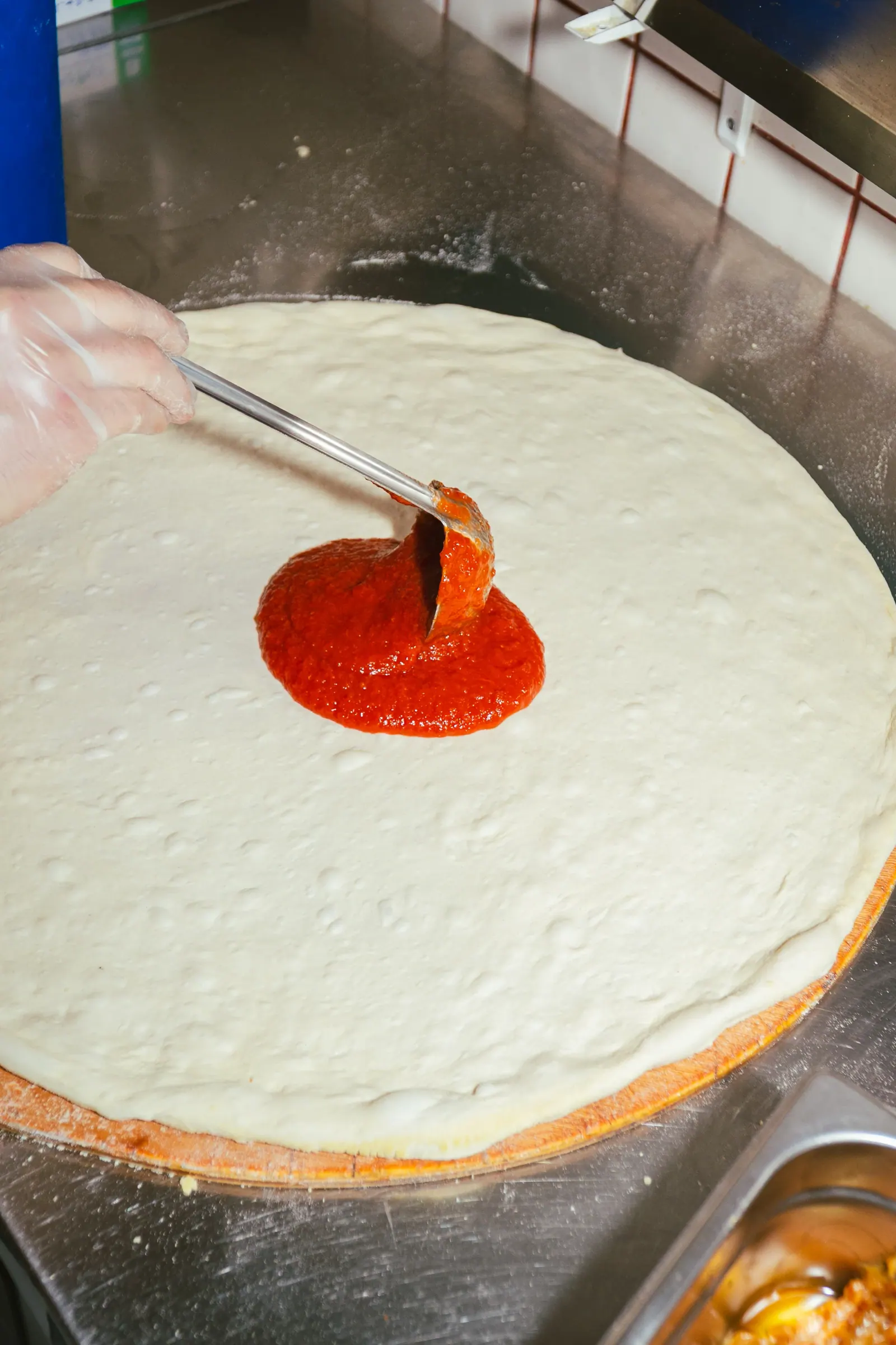 Glow of the pizza oven at Frankie's Slice Shop
